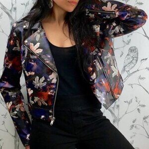 Sam Edelman Faux Leather Jacket Black Dark Floral Size L Lined